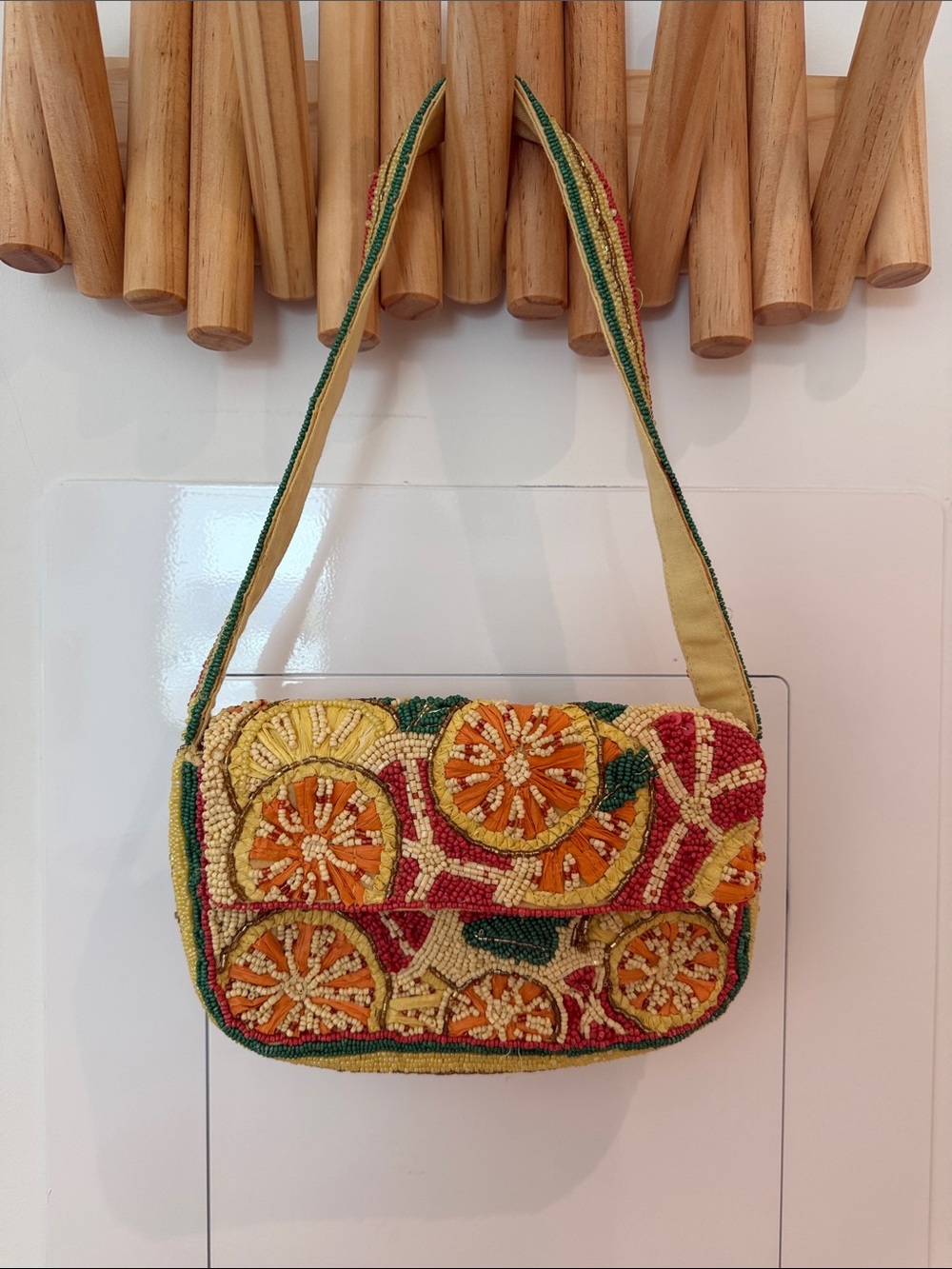 Anthropologie Beaded Citrus Shoulder Bag - Yellow, Orange & Green